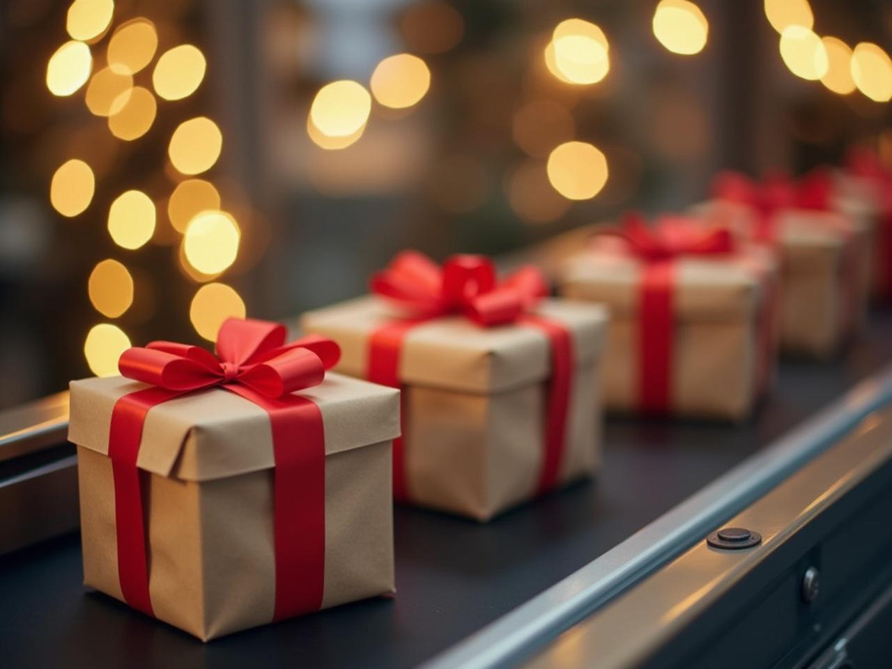 The image depicts a conveyor belt in a festive setting, where several neatly wrapped gifts are placed. Each gift is wrapped in brown paper, adorned with bright red ribbons and bows on top. The background features soft, blurred lights that create a warm and cheerful atmosphere, suggesting a holiday season. The scene conveys a sense of anticipation and excitement associated with gift-giving. The focus on the gifts emphasizes the joy of receiving and sharing during celebratory times.