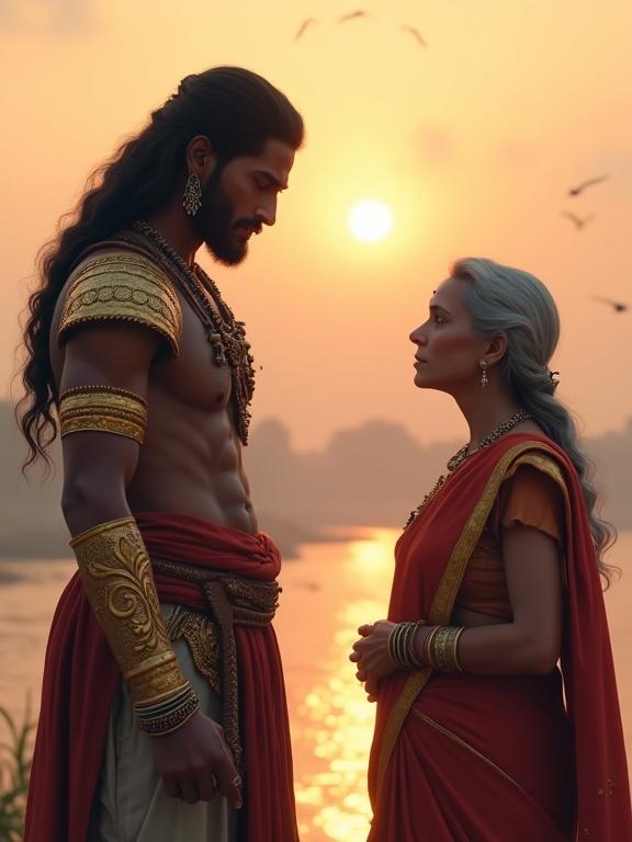 Scene by the Ganga River during sunrise. Karna in warrior attire stands silently in sorrow. Kunti in a simple sari speaks gently. Warm sunlight illuminates. Emotional tension depicts their feelings. Background includes silhouettes of war camps and birds. Art style in dramatic pixel art.