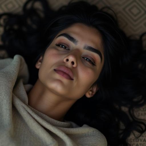 Close-up portrait of a woman with dark brown eyes and black hair. She has full lips and dark skin with thick eyebrows, laying on the floor. Her eyes are open, mouth shut, and eyebrows furrowed.