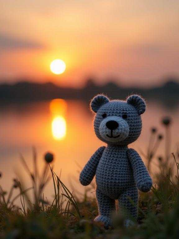 Photo captures a yarn bear figure by water's edge. Background shows a sunset's warm glow reflecting in the water. The bear is made of knitted fabric without a detailed face. Surrounding flora appears gently blurred. The overall mood is tranquil.