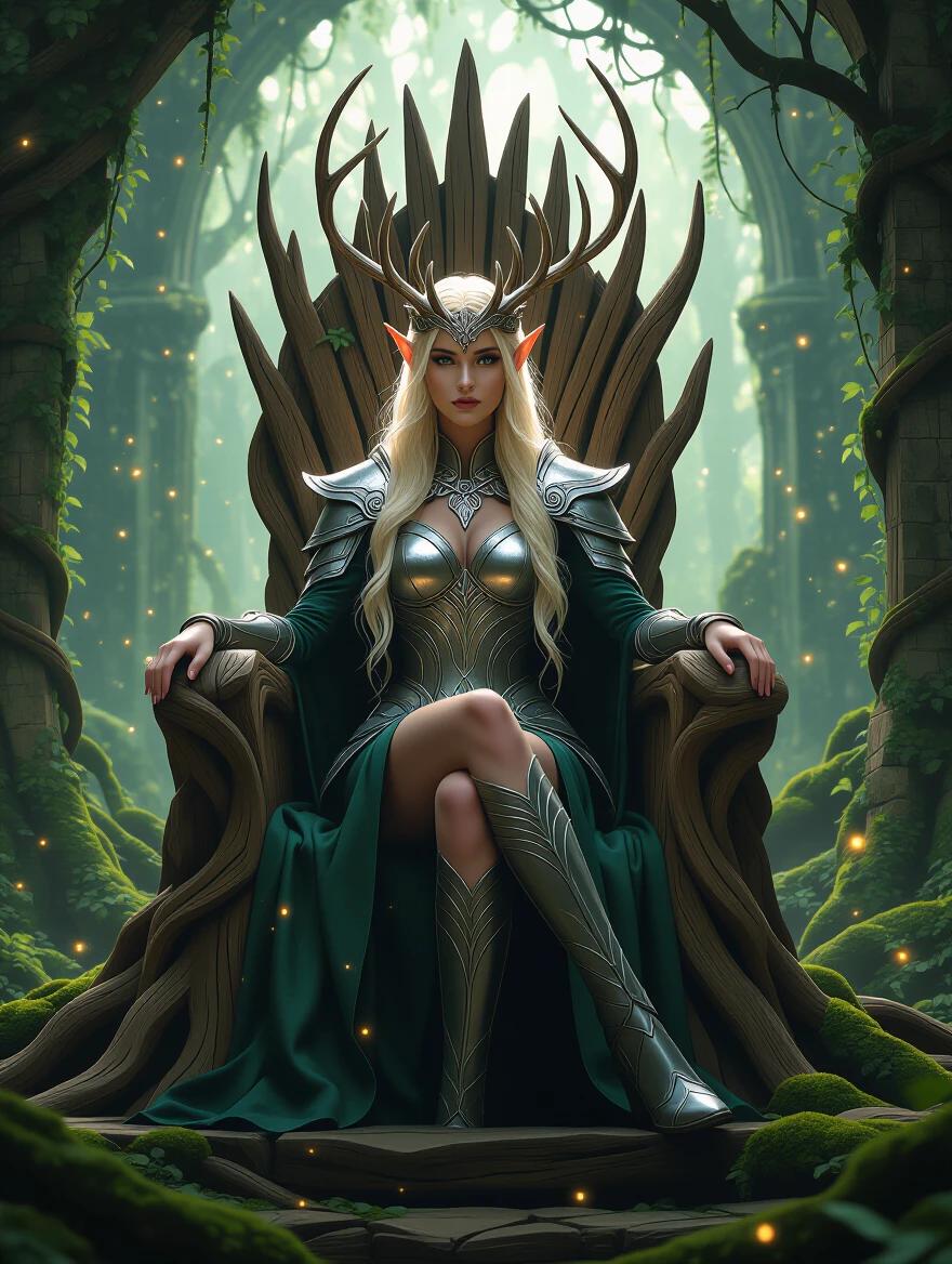 An elven queen seated on a throne carved from living wood. Antler crown. Enchanted silver armor. Regal and ethereal expression. Ancient forest throne room. Glowing moss and ivy-covered roots. Ambient bioluminescent fireflies surrounding her. Overgrown ruins in background. Soft green and gold tones. Dramatic rim lighting. 3/4 portrait angle. Cinematic depth of field with intricate fantasy detailing. Ultra-detailed masterpiece in 8k resolution.
