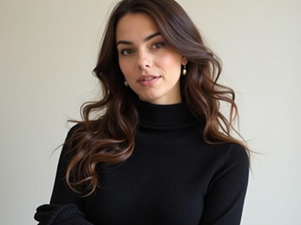 The image shows a person with long, wavy hair, styled elegantly. They are wearing a black turtleneck sweater, which gives a sophisticated look. The background appears to be a light, neutral color, enhancing the subject's presence. The person stands in a relaxed, confident posture, facing the camera. Their earrings are subtle, complementing their outfit. Overall, the vibe is chic and modern, suitable for a fashion context.