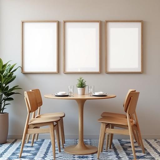 Modern coffee shop interior with a cozy atmosphere featuring three empty poster frames. Round wooden table set for two with white plates and glasses. Small plant in a pot on the table. Four minimalist wooden chairs around the table. Floor has blue and white patterned tiles.