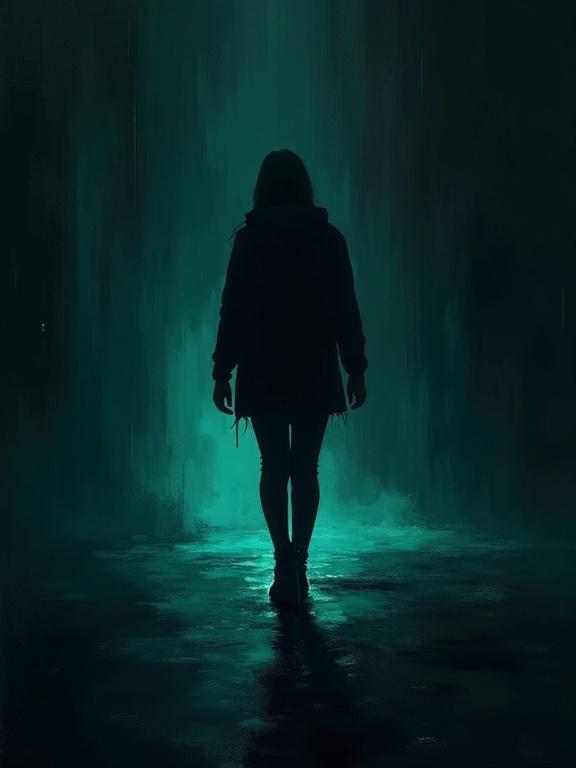 Digital oil painting features a silhouette of a person standing still. Background is completely black with harsh paint strokes. Color theme is dark teal. The painting has a minimalist and abstract style. It includes formless shifting voids of color with flat tones. The design appears unique and unfinished.