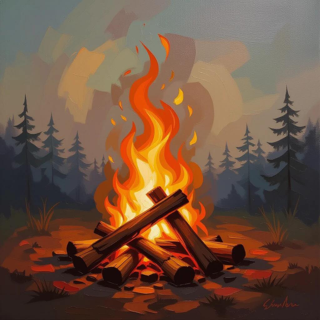 Oil painting depicting a vibrant bonfire set against a textured canvas background with stylized flames and surrounding pine trees.