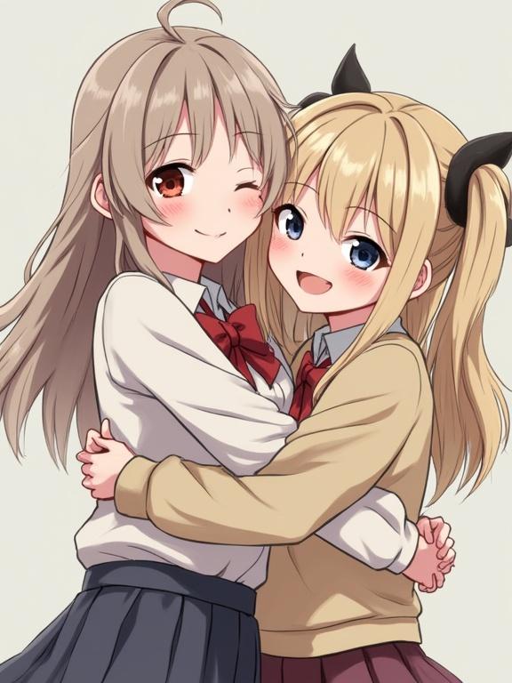 Two girls smiling at the camera while hugging each other. Both have light hair. Wearing casual clothes. Background is neutral. Their expressions are friendly and warm.