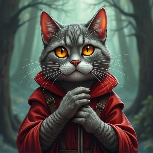 A character from a comedic fantasy book. A slim cat with shiny eyes. Cynical and observant personality. Displays feline wisdom and emotional detachment. Betrayed a friend for a minor gain.