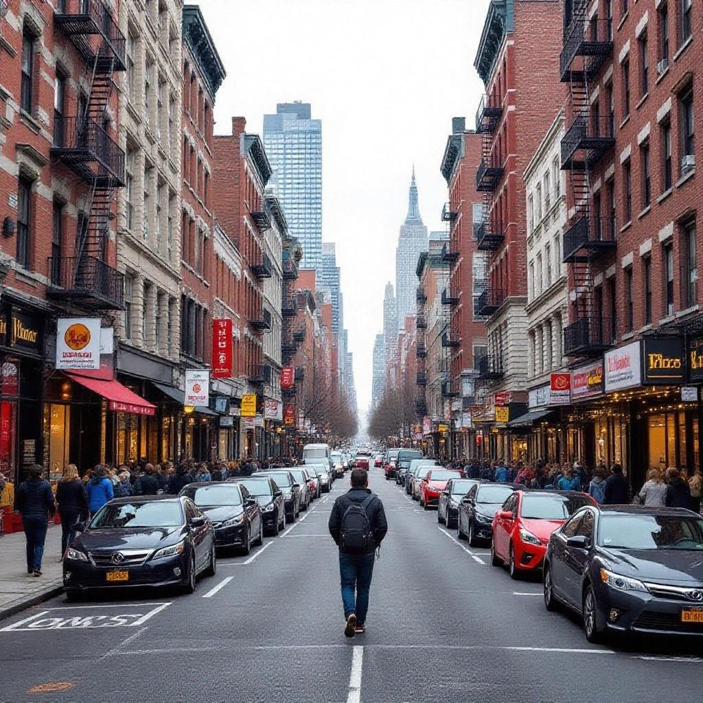 A busy street scene in an urban environment with cars parked along the sides. The Empire State Building is visible in the background, adding to the vibrant atmosphere filled with people and vehicles.