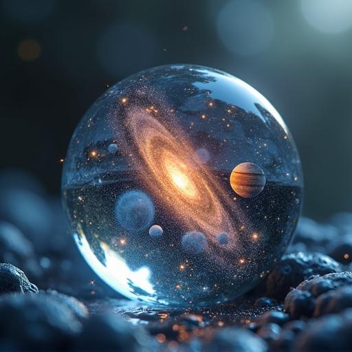 Floating water droplet contains miniature galaxy. Glowing planets orbit inside. Star clusters swirl around. Cosmic clouds surround. Light rays escape through droplet surface. Magical reflections appear. Suspended in mid-air. Macro lens view shows intricate textures. Dreamy lighting creates ambient glow. Realistic rendering with soft depth of field.