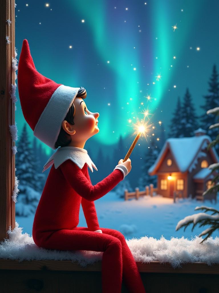 An elf sits on a windowsill gazing into the sky. The elf holds a glowing wand. Colorful northern lights shine above. A cozy house is in the background. Snow covers the ground. The scene evokes the magic of Christmas.