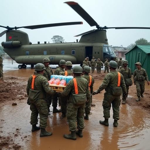 Ground-level image of military humanitarian operation in recently flooded village. Soldiers in rescue gear assist civilians boarding CH-47 Chinook helicopter. Pallets of aid including water bottles, medical kits, blankets are offloaded. Temporary shelter set up with green canvas tents. Background shows damaged buildings, floodwater, civilian vehicles. Scene includes mud-splattered boots, realistic debris, emotional expressions, light rain effects.