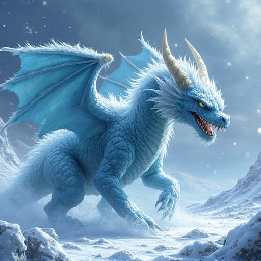 Depicts a fierce ice dragon in a cold landscape. The dragon has blue scales and icy features. Sharp claws and menacing expression show danger. Wind and snow enhance the atmosphere.
