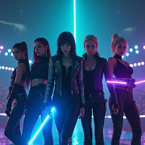 Dark cinematic image depicting a realistic female music group. Five women stand confidently in sleek chrome suits. Fashion includes black tight pants, short black tank tops, baggy jackets. Each holds unique glowing weapons. The atmosphere is a concert arena at night with dramatic lighting.