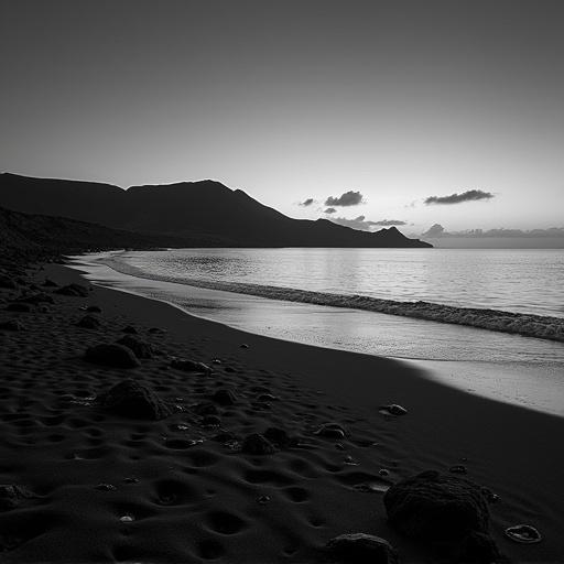Image capturing Lanzarote in gothic noir style. Black and white tonalities. Calm sea with gentle waves. Distant mountains provide a dramatic backdrop. Shoreline features smooth sand and scattered stones.