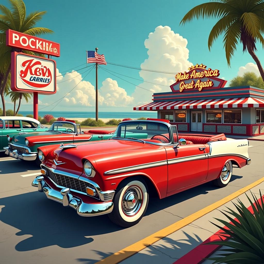 The scene depicts a classic American diner from the 1950s, showcasing a vibrant red convertible in the foreground. The diner has retro signage, highlighting the phrase 'Make America Great Again'. Several classic cars are parked outside, evoking nostalgia for a bygone era. Lush palm trees frame the setting, adding to the warm, sunny atmosphere. This image captures the spirit of Americana and the charm of vintage car culture, inviting viewers to reminisce about simpler times.