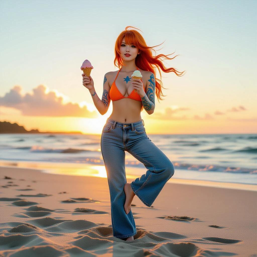 A girl stands on one leg on sandy beach at golden hour, holds ice cream in right hand while licking it, wears detailed Nami cosplay with orange hair, blue tattoo on left arm, bikini top and low-rise jeans, has playful expression, wind gently blows hair, ocean background.