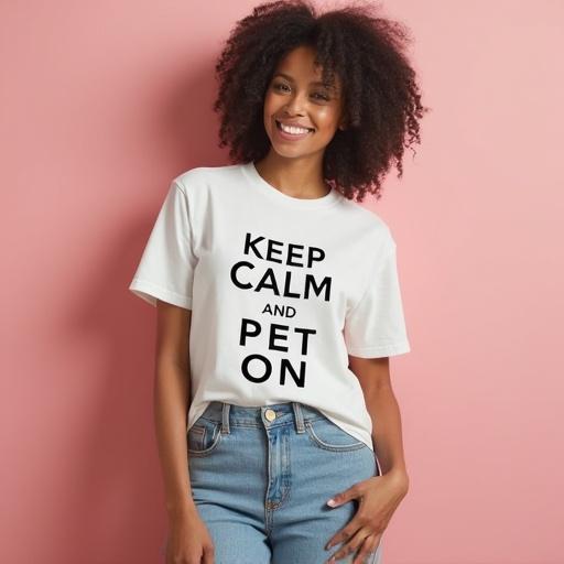 A person wearing a stylish T-shirt that says 'Keep Calm and Pet On'. The shirt has a simple design with bold letters. The background is a light pink color and the person has curly hair. The look is casual and relaxed. It conveys a sense of comfort and love for pets.