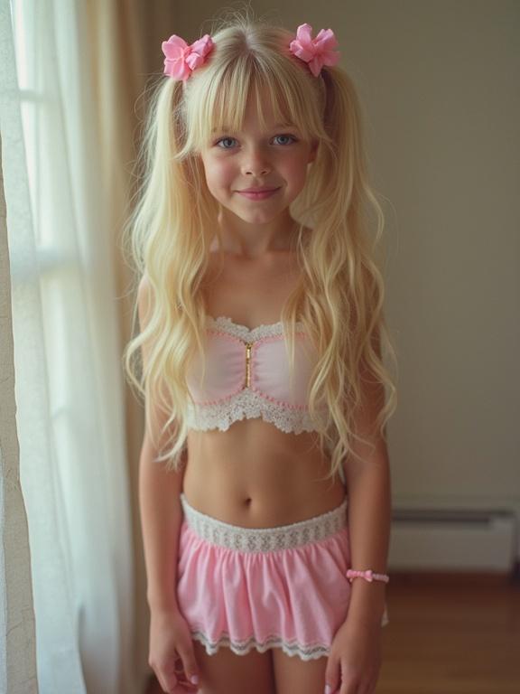 Young girl wearing pink outfit. Long blonde hair styled in twin tails. Light smile. She has a slim waist. The background features natural light from a window.