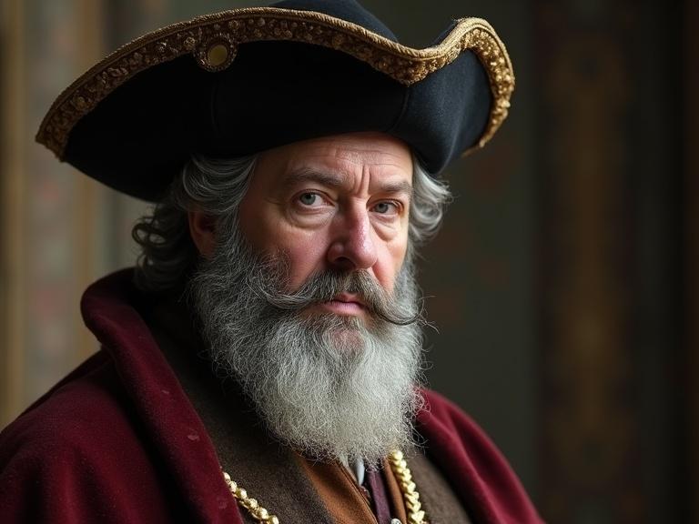 A 50-year-old king's advisor has a French-style beard. He appears wise and wears a Poldark hat. The advisor is portrayed in a detailed manner.