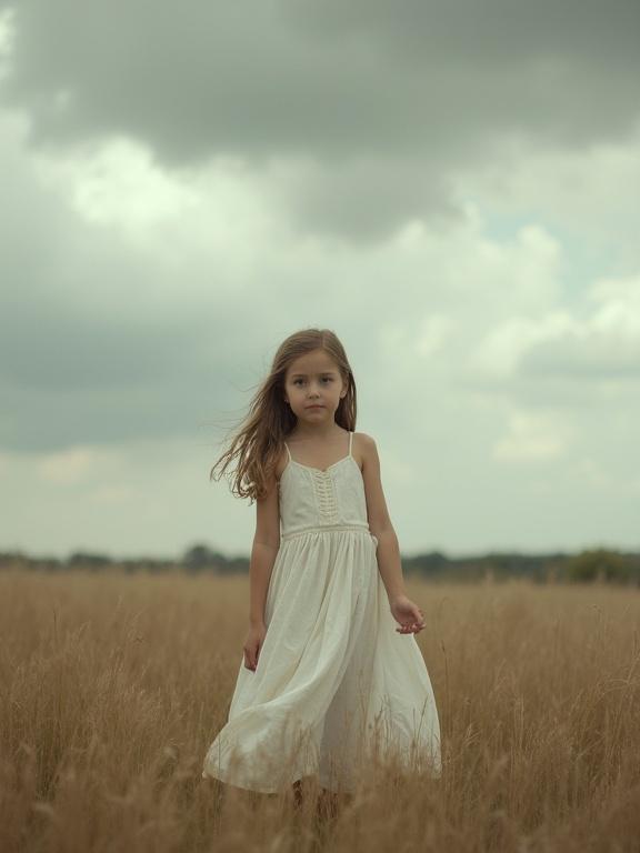 A young girl stands in a field. She wears a flowing white dress. The atmosphere is windy and calm. The sky has dramatic clouds.