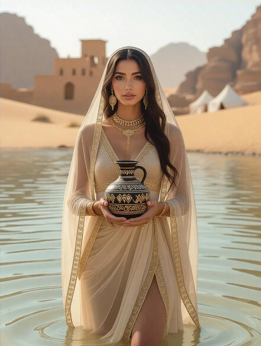 Young Arab woman stands in shallow waters of desert oasis. Holds decorated amphora filled with water. Wears delicate beige tulle tunic with gold edges. Sheer golden veils flutter gently. Gold jewelry adorns neck and wrists. Transparent silk scarf covers her hair. Ancient ruins rise from the sand behind her. Distant white Bedouin tents visible. Soft natural light creates serene atmosphere.