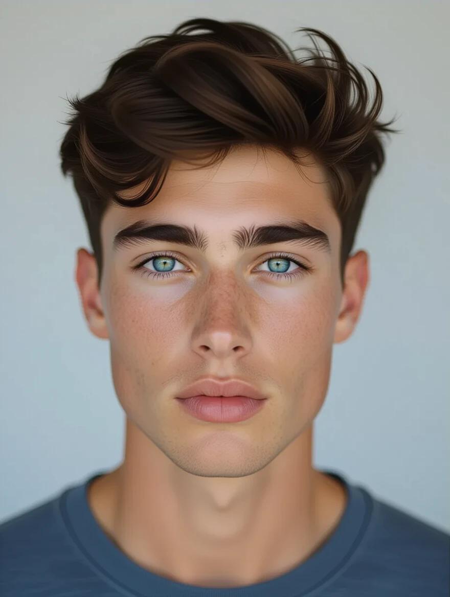 Portrait of a young man with stylish brown hair. Simple background. Subject wears a navy blue shirt. Portrait focuses on modern hairstyle. Suitable for various marketing uses.