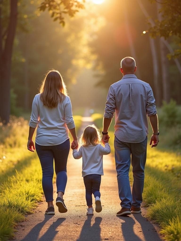 A family is walking together on a nature path. The scene shows a mom dad and their young daughter. The sunlight shines through the trees. The family holds hands walking in the soft light. The background shows lush greenery and a beautiful path.