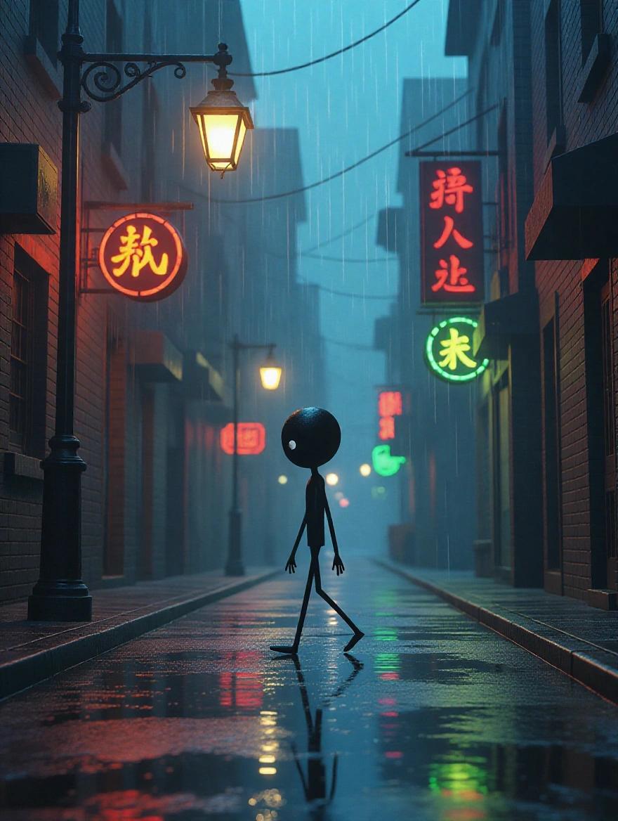 A faceless miniature stickman walks with fragile movements. Animated in cinematic noir style. Moony lighting enhances the atmosphere. The stickman passes a flickering streetlight with a long shadow. A narrow alley features neon signs reflecting in rain puddles. High-contrast chiaroscuro lighting and teal-and-amber color grading add depth. Hyper-detailed rain droplets are present.