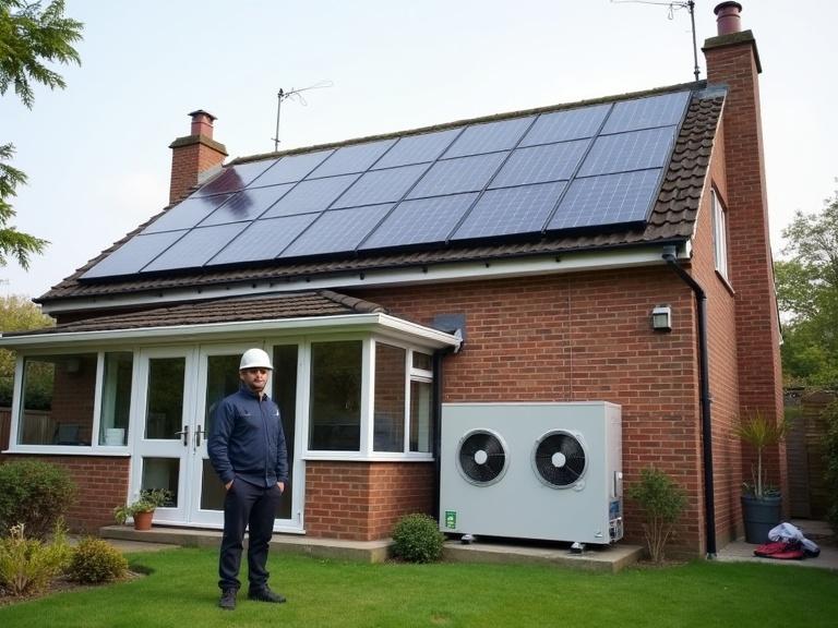 Image features a UK style home with solar panels and an engineer beside a heat pump. New renewable energy system installed. Heat pump sized for the home.
