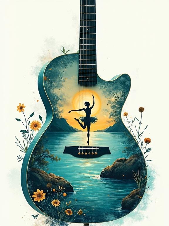 Stylized impressionistic image of a classical guitar. The guitar body reveals a coastal scene of turquoise water and rocky shorelines with a silhouette of a ballerina against the rising sun. Outlined with floral and musical note designs, creating an ethereal atmosphere. Painted in teal, turquoise, and muted blues with abstract splatters for texture. Diffused edges add a layered design. A semi-transparent overlay of a dancing figure enhances depth within the guitar.