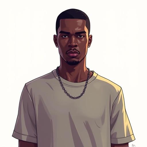 digital illustration of a black male featuring solid color t-shirt designed in Grand Theft Auto style.