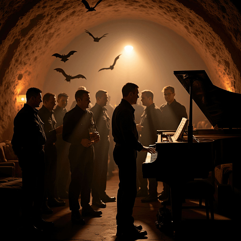 A group of men in black suits gather around a pianist in a dimly lit cave with bats flying overhead.