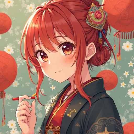 A character wearing traditional Japanese attire with decorations. The character has long hair styled with accessories. Background features decorative elements associated with festivities.