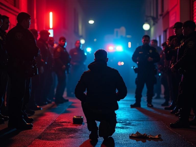 Scene depicting police officers in a dark alley at night. Suspect on knees with hands raised. Flashing red and blue lights illuminating the scene. Cash bag lies on the ground. Gritty atmosphere with high contrast lighting.