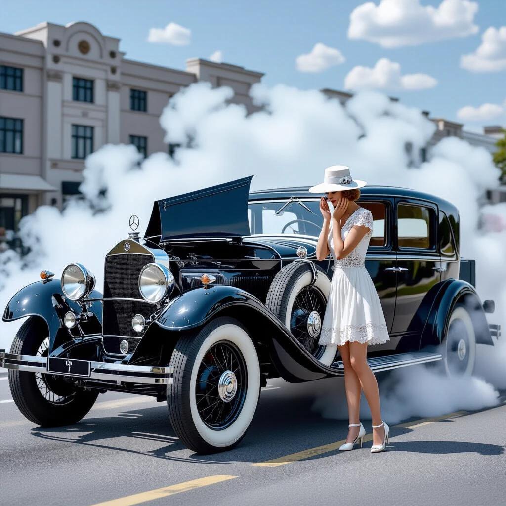 Art Deco socialite stands beside a vintage black Mercedes-Benz 18/100 PS. Socialite wears a white cloche hat and a short lace dress. She leans over the car's left-side fender, hands on cheeks, gazing at the carburetor. The car hood is fully opened, showing a straight-six engine surrounded by clouds of steam. Background features a misty mountain pass during golden hour.