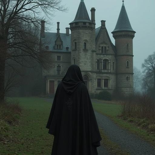 A dark cloaked figure stands in front of a gloomy castle. Scene filled with fog and an eerie atmosphere. The castle has towers and antique architecture. The surroundings are overgrown and mysterious.