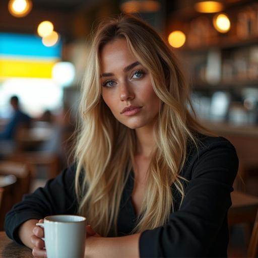 A woman with blue eyes and dark blonde long hair sits in a coffee bar. She holds a coffee cup. The background features a 3D rendering of the name 'liliya' and a Ukrainian flag. High contrast enhances the scene.