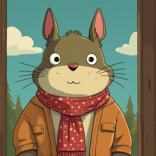 A cute animated character inspired by Ghibli art style. The character is a cartoon animal with a friendly smile and a scarf. The background has trees and a blue sky with clouds.