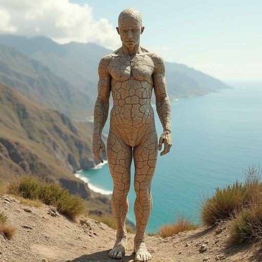 Ultra-realistic full-body image of an abstract human figure viewed from the front. The figure is made of cracked earth and mineral textures like natural geological material. Surface is overlaid with political map lines dividing body into regions. Each body part has typographic names as geopolitical zones. Each region has unique surface textures: moist green jungle arid desert rugged mountain. The figure stands blending into a natural background of high plateau mountain range and coastline. Hyper-detailed lighting realistic shadows sharp focus.
