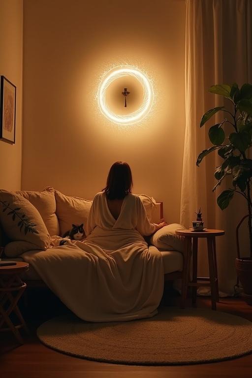 Cozy room with warm turquoise light. Person wrapped in blanket with purring cat. Steam rises from tea cup on small table. Open notebook and pen beside. Glowing light circle floats above, symbolizing friendly AI. The scene feels calming and peaceful.
