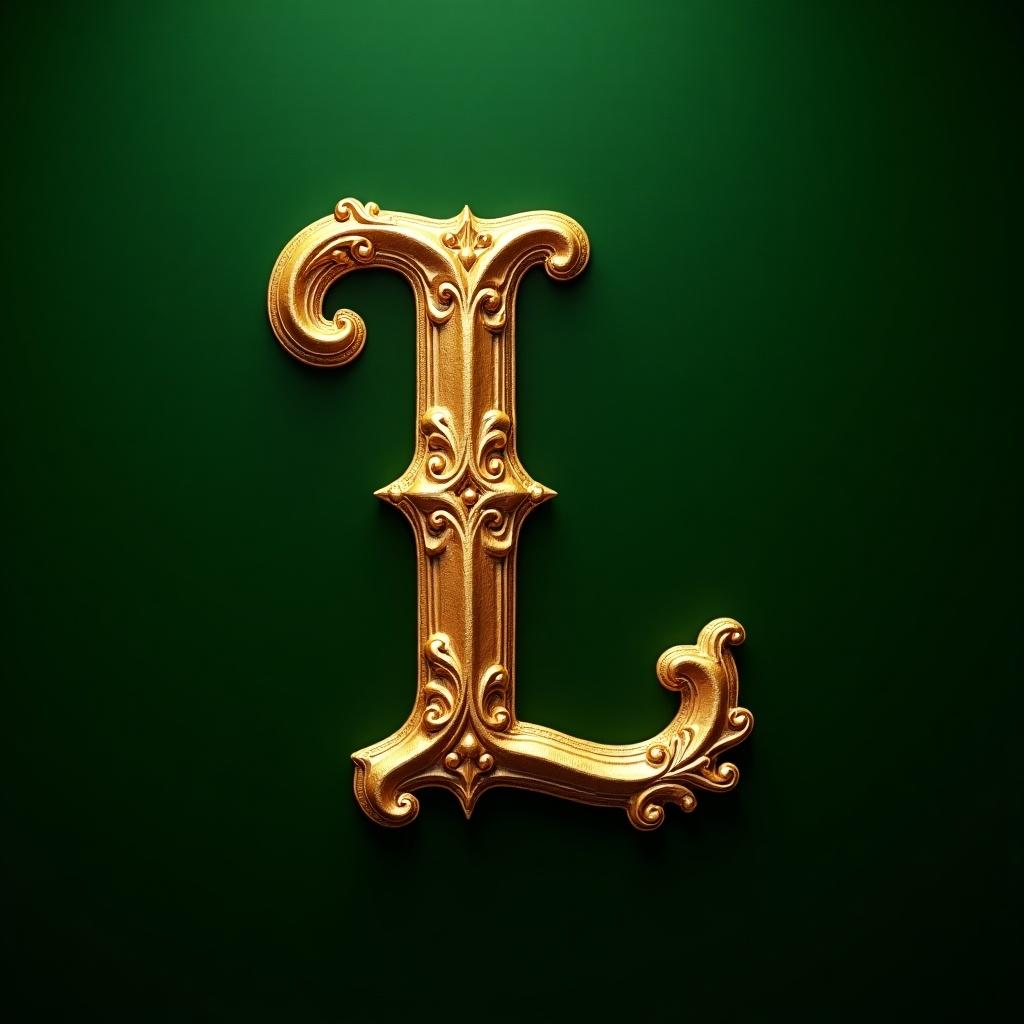 Image shows a luxurious ornate letter 'L' in shiny gold finish. Letter has embossed three-dimensional effect with intricate detailing. Background is deep rich green creating contrast with golden letter. Overall composition conveys refinement and opulence.