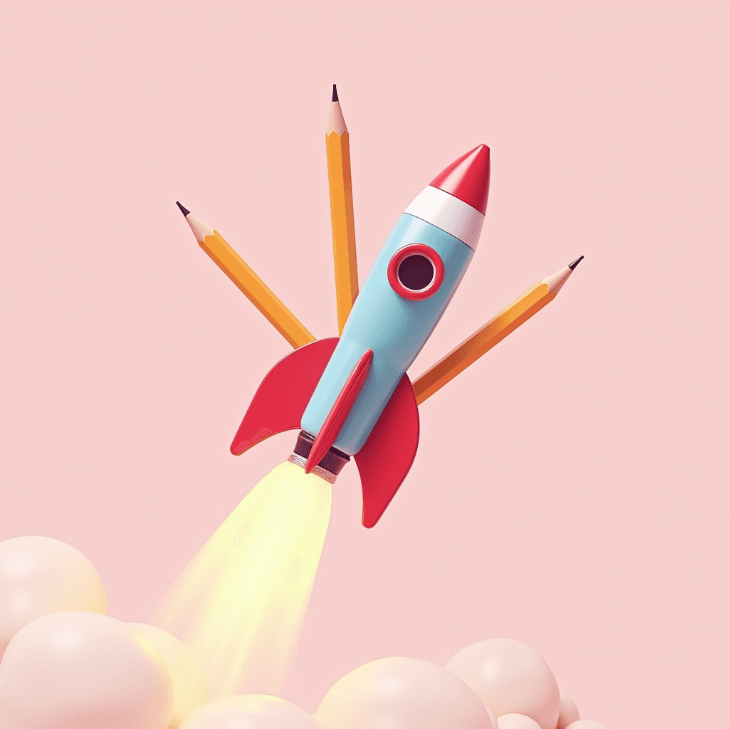 A whimsical rocket, combined with pencils, emerges from fluffy clouds against a pink backdrop.