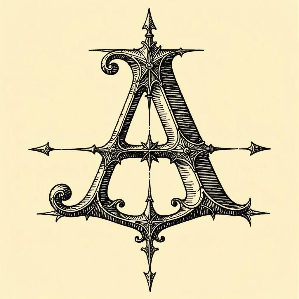 Draw stylized letter A resembling Phoenician aleph after rotating it left by 90 degrees. Intricate and decorative design is used with pointed elements and swirls. Fine line work shows artistic detail on a light cream background.