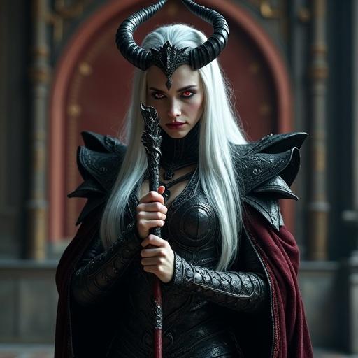 A beautiful demon queen with an introverted expression stands in a dark throne room. She grips her staff nervously, struggling to say hello. Her eyes look away awkwardly. She wears intricate black and crimson armor, has long silver hair and glowing red eyes. A gothic crown adorns her head. The lighting is soft. The image has high-detail fantasy style and realistic textures, capturing her ultra-detailed face and subtle blush. Her powerful yet hesitant posture is enhanced by a magical aura.