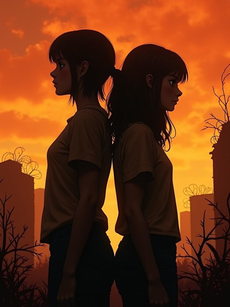 Two realistic teenage girls stand back to back. Background features a fiery orange sky. Crumbling buildings mixed with barbed wire appear in the background.