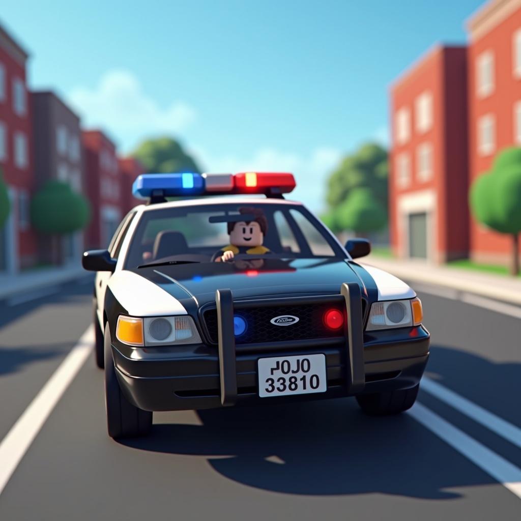 Image features a Roblox-style animated police chase. A police car drives down a residential street. The car has flashing blue and red lights. The driver is cartoonish. The scene appears child-friendly and vibrant.