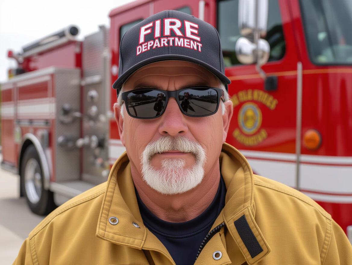 A firefighter stands in front of a large red fire truck. The firefighter wears a dark baseball cap with 'FIRE DEPARTMENT' embroidered. He has a serious expression. A neat white mustache and beard are present. The firefighter wears a tan turnout jacket with reflective stripes. The jacket is zipped with pockets. A yellow device clips to his right side. Pants are tan with cargo pockets and reinforced shins. His hands are clasped in front of him.