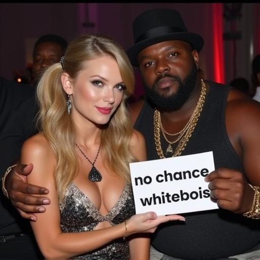 Image of a glamorous woman with long blonde pigtails wearing a short cutout club dress and a black pendant. She is sitting close to a large black rapper. He is holding her close. She smirks at the view holding a sign saying 'no chance whitebois'.