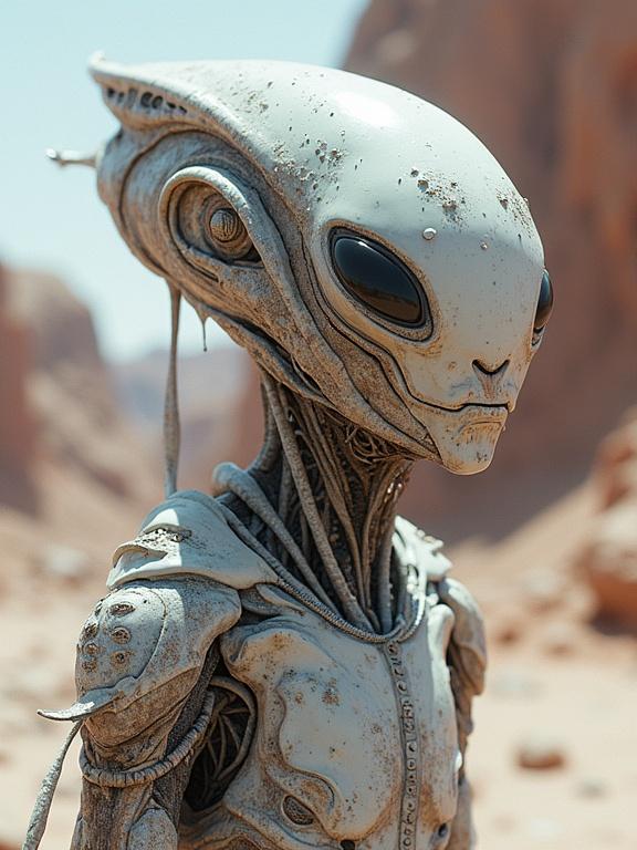 A detailed alien character with metallic features. Characteristics include large black eyes and intricate wiring. The setting is a dystopian Martian landscape with surreal elements. The artwork blends different artistic styles.