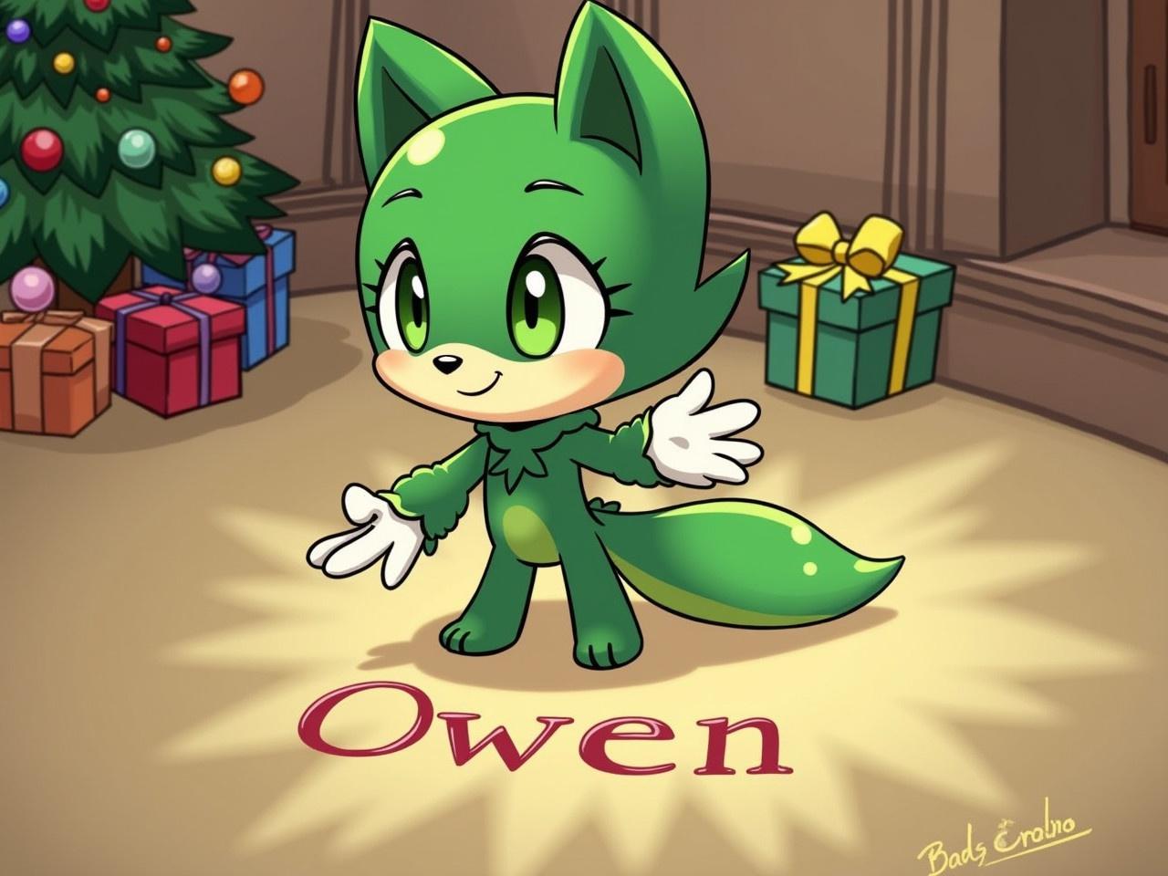 Cartoon character with green fur in Christmas area. Character writing on the ground. Name 'Owen' is displayed. Christmas tree and gifts are present.